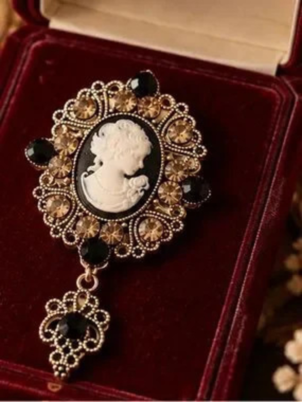 Antique Cameo Brooch with Onyx, Champagne Crystals and Intricate Gold Filigree